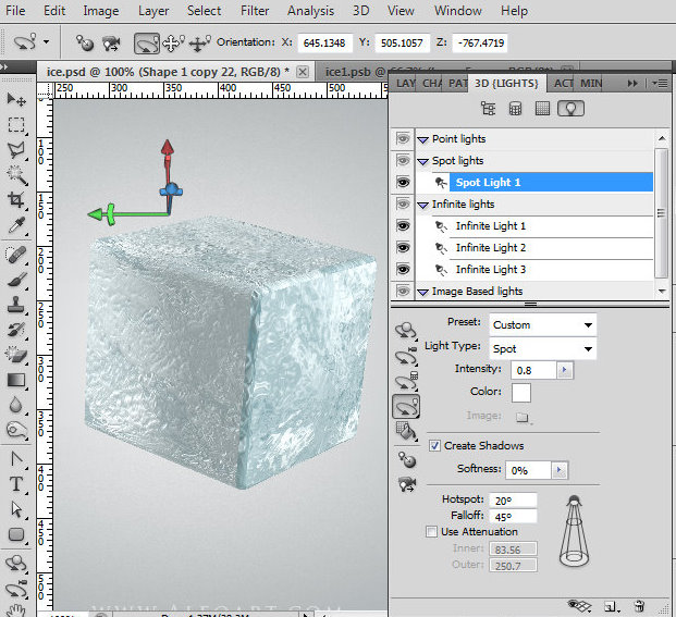 Ice cube 3D photoshop tools tutorial. 3D scene ice cube and cherry inside, ice txture effect in photoshop, ice reflection, 3D rendering, 3D light effects, realistic ice effectt, winterphotoshop  ideas